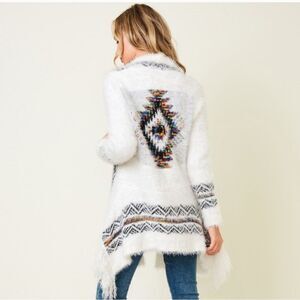 ON BLUE AZTEC sweater drape cardigan fringe